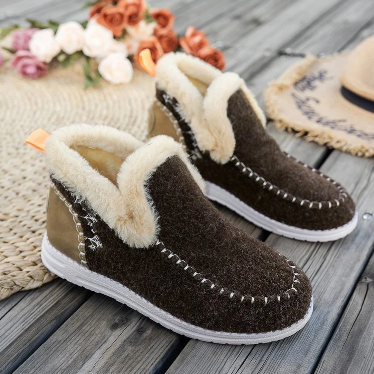 Damen Gefütterte Mokassin‑Hausschuh‑Stiefelette mit Kunstfellfutter, handgenähter Ziernaht und rutschfester Sohle Drune
