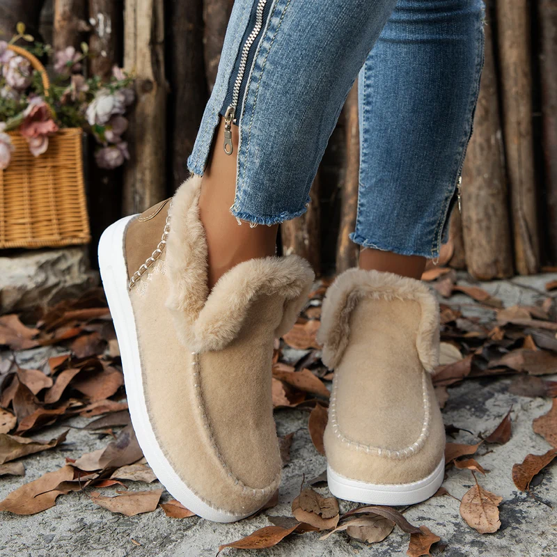 Damen Gefütterte Mokassin‑Hausschuh‑Stiefelette mit Kunstfellfutter, handgenähter Ziernaht und rutschfester Sohle Drune