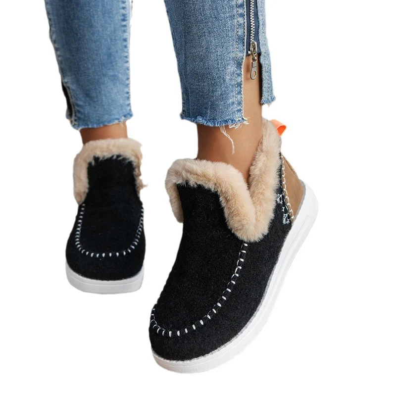 Damen Gefütterte Mokassin‑Hausschuh‑Stiefelette mit Kunstfellfutter, handgenähter Ziernaht und rutschfester Sohle Drune