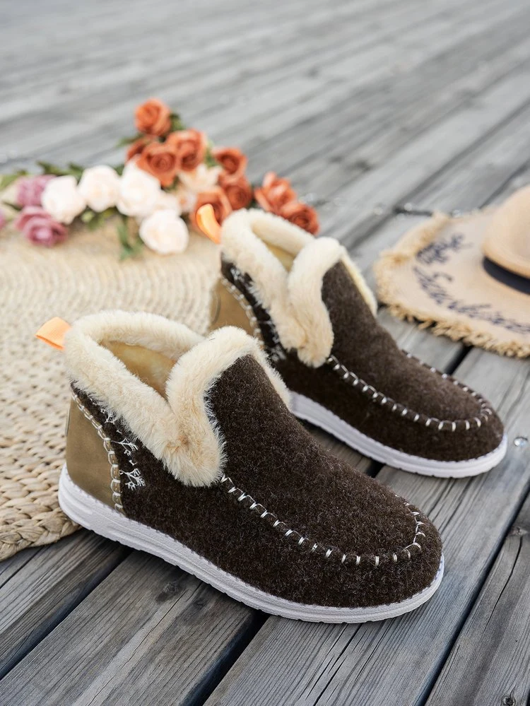 Damen Gefütterte Mokassin‑Hausschuh‑Stiefelette mit Kunstfellfutter, handgenähter Ziernaht und rutschfester Sohle Drune