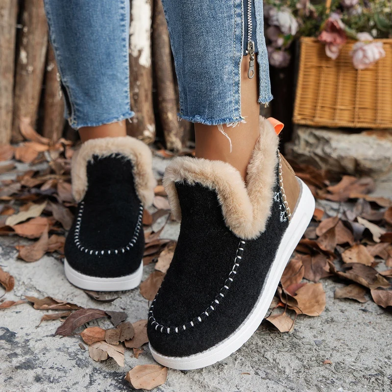 Damen Gefütterte Mokassin‑Hausschuh‑Stiefelette mit Kunstfellfutter, handgenähter Ziernaht und rutschfester Sohle Drune