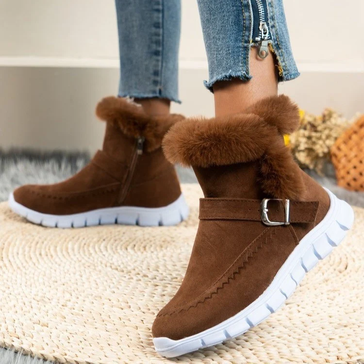 Damen Gefütterte kurze Suede‑Stiefeletten mit Kunstfellkragen, seitlichem Reißverschluss und sportlicher Profilsohle Drune