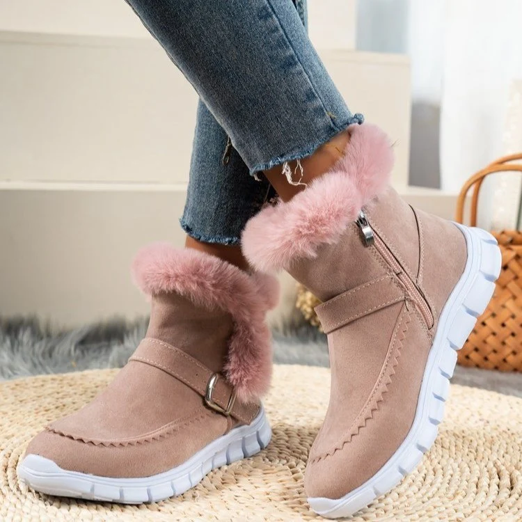 Damen Gefütterte kurze Suede‑Stiefeletten mit Kunstfellkragen, seitlichem Reißverschluss und sportlicher Profilsohle Drune