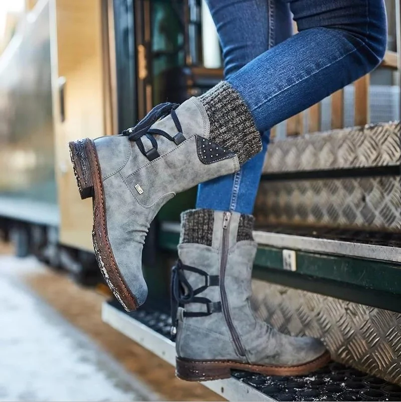 Damen Gefütterte knöchelhohe Winterstiefelette mit Strickmanschette und Zierschnürung Drune