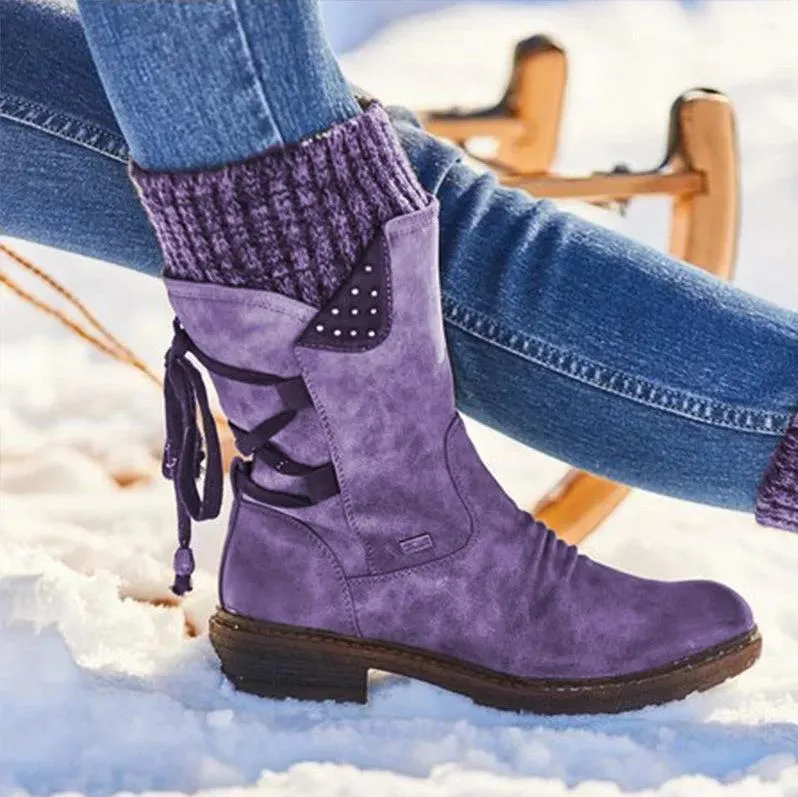 Damen Gefütterte knöchelhohe Winterstiefelette mit Strickmanschette und Zierschnürung Drune
