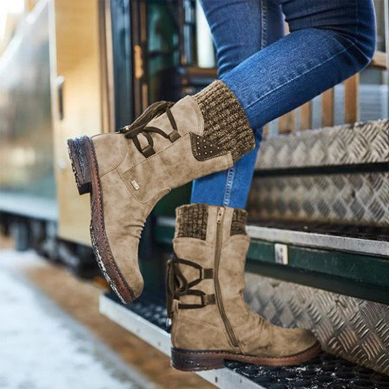 Damen Gefütterte knöchelhohe Winterstiefelette mit Strickmanschette und Zierschnürung Drune
