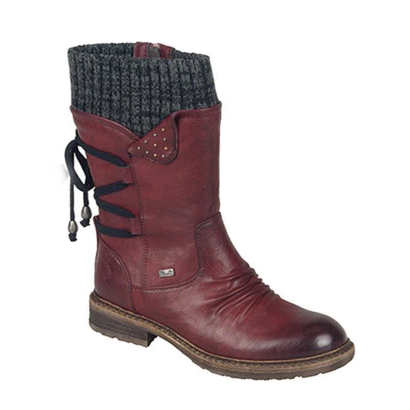 Damen Gefütterte knöchelhohe Winterstiefelette mit Strickmanschette und Zierschnürung Drune