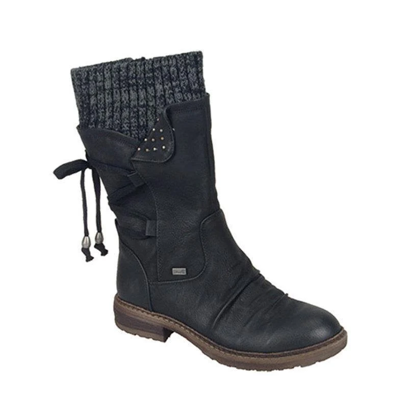Damen Gefütterte knöchelhohe Winterstiefelette mit Strickmanschette und Zierschnürung Drune