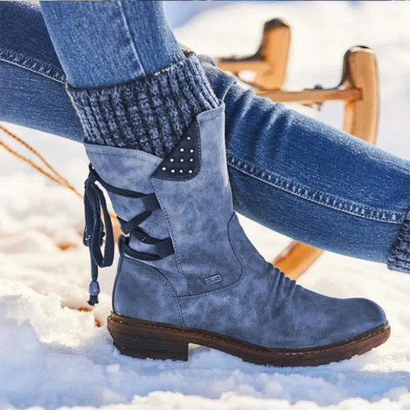 Damen Gefütterte knöchelhohe Winterstiefelette mit Strickmanschette und Zierschnürung Drune