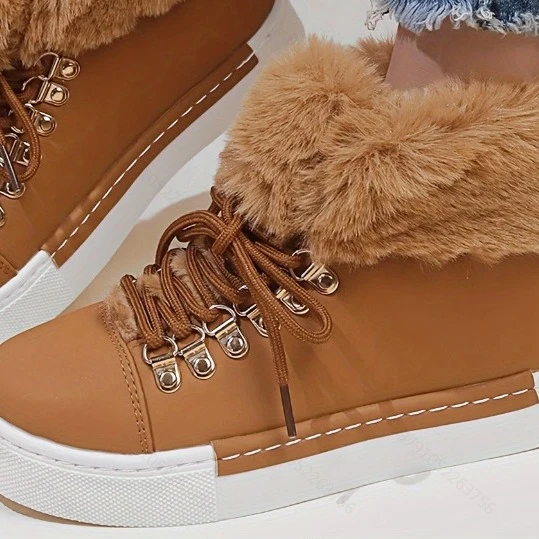 Damen Gefütterte High-Top Sneaker-Boots mit Kunstfellkragen und dekorativer Schnürung Drune