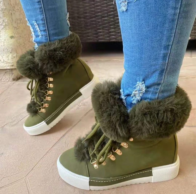 Damen Gefütterte High-Top Sneaker-Boots mit Kunstfellkragen und dekorativer Schnürung Drune