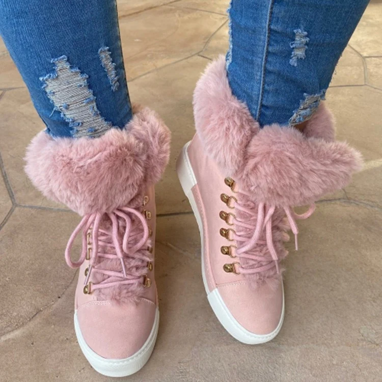 Damen Gefütterte High-Top Sneaker-Boots mit Kunstfellkragen und dekorativer Schnürung Drune