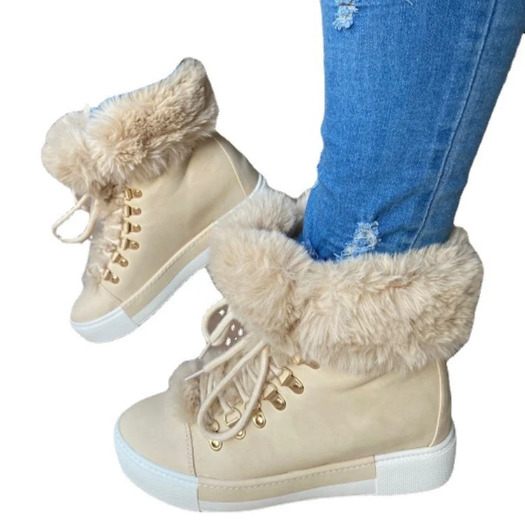 Damen Gefütterte High-Top Sneaker-Boots mit Kunstfellkragen und dekorativer Schnürung Drune