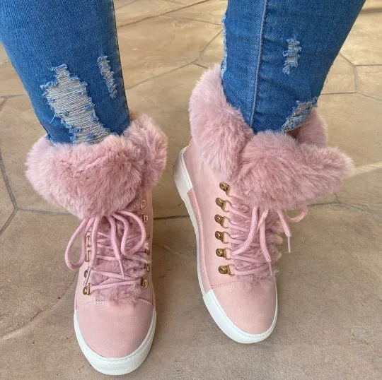 Damen Gefütterte High-Top Sneaker-Boots mit Kunstfellkragen und dekorativer Schnürung Drune