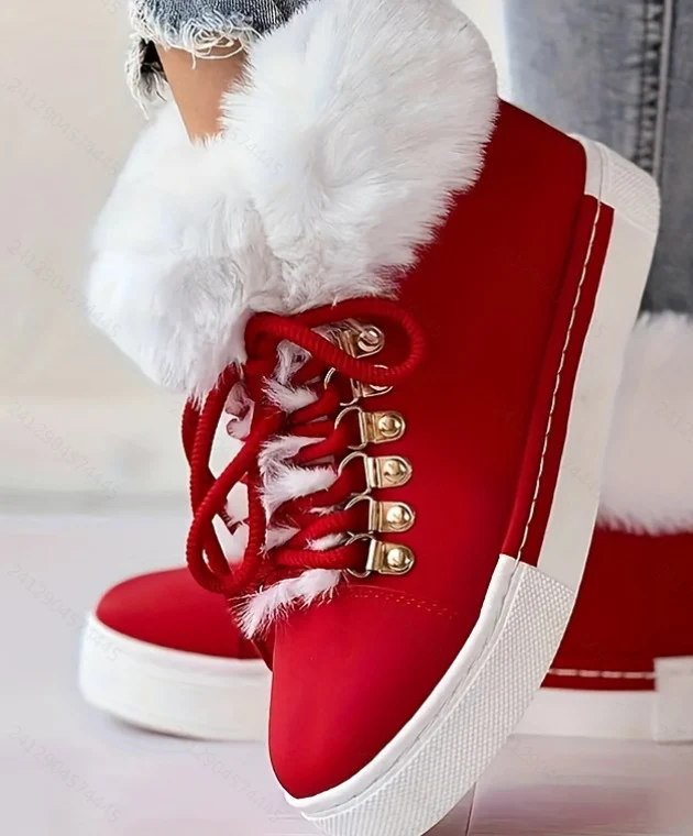 Damen Gefütterte High-Top Sneaker-Boots mit Kunstfellkragen und dekorativer Schnürung Drune