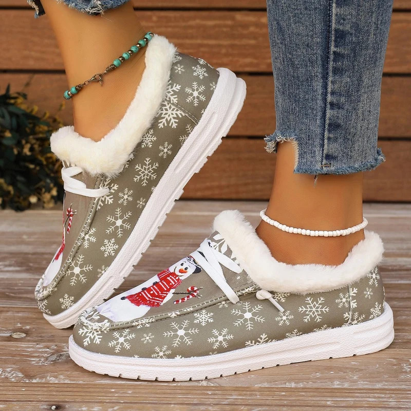 Damen Gefütterte Hausschuhe-Boots mit Schneemann-Print, Kunstfellkragen und rutschfester Sohle Drune