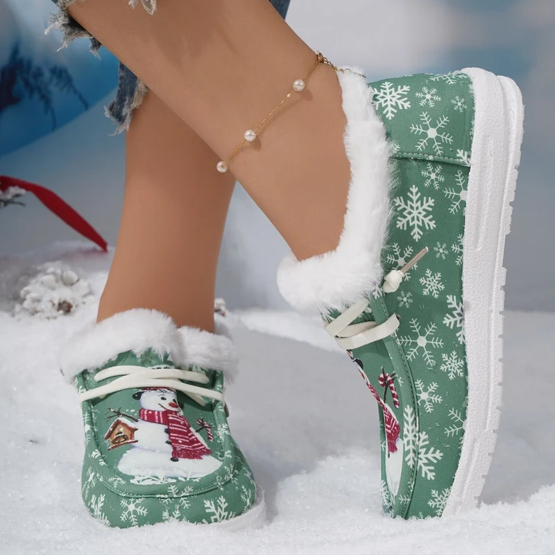 Damen Gefütterte Hausschuhe-Boots mit Schneemann-Print, Kunstfellkragen und rutschfester Sohle Drune