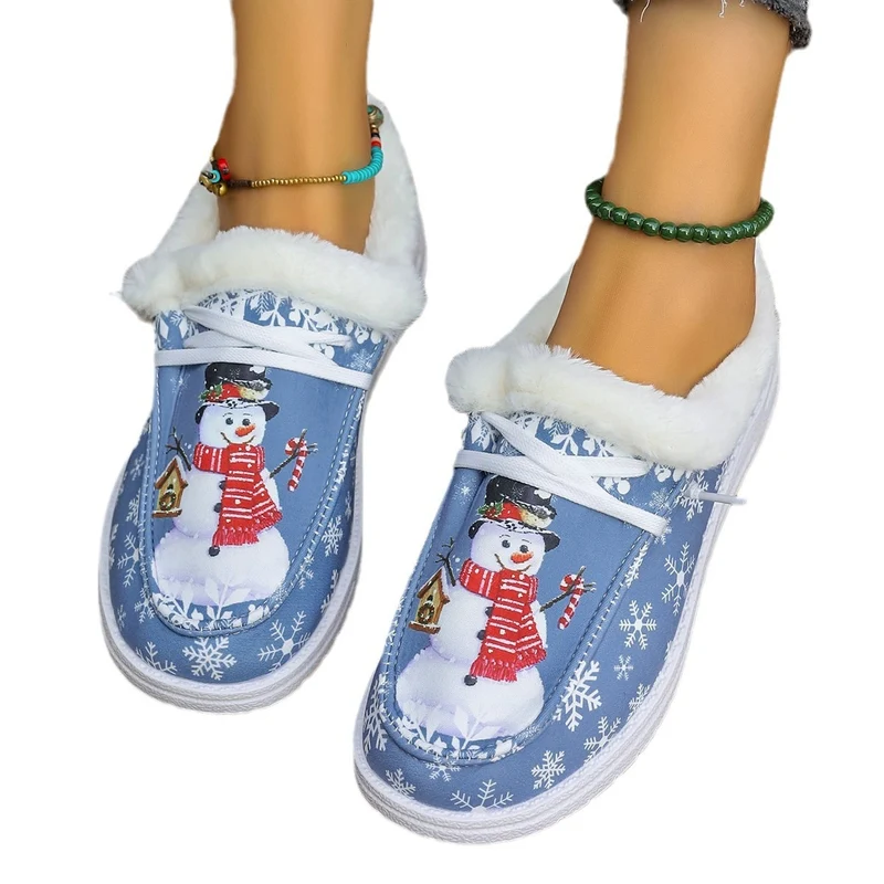 Damen Gefütterte Hausschuhe-Boots mit Schneemann-Print, Kunstfellkragen und rutschfester Sohle Drune