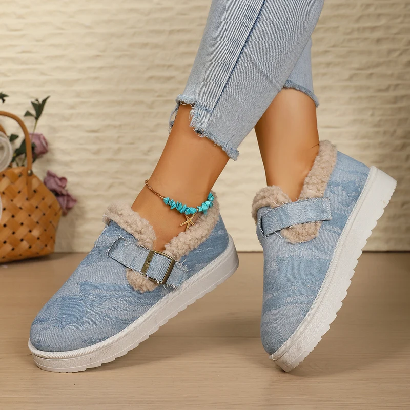 Damen Gefütterte Denim-Slip-On Hausschuhe mit Teddyfutter und verstellbarem Schnallenriemen Drune