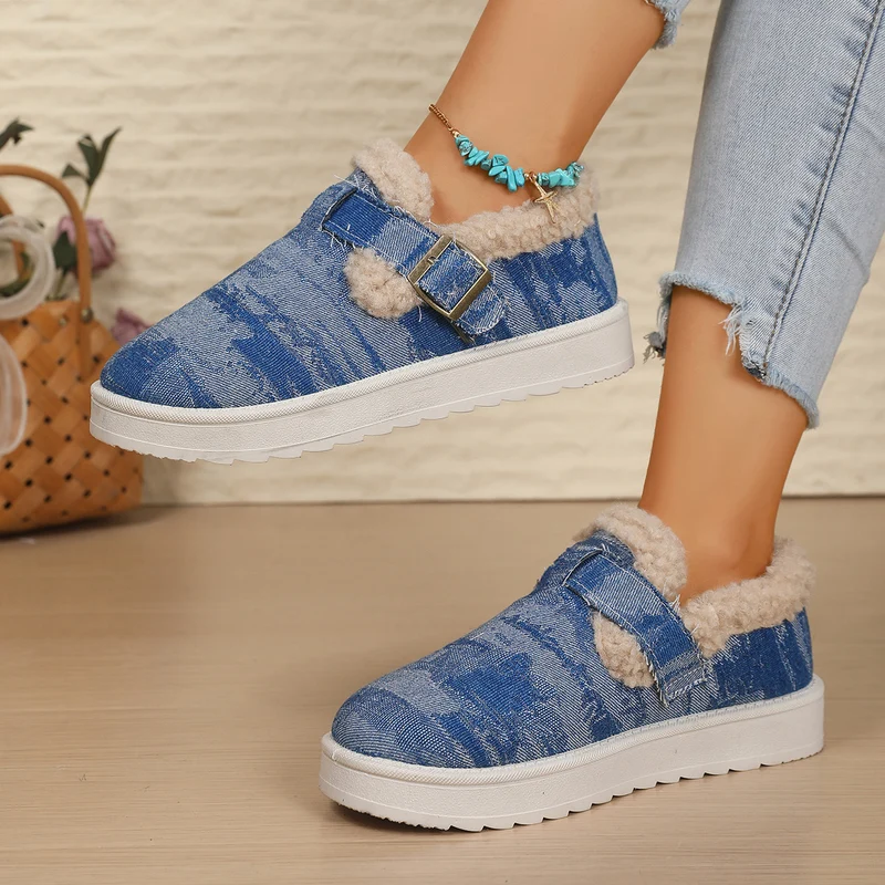 Damen Gefütterte Denim-Slip-On Hausschuhe mit Teddyfutter und verstellbarem Schnallenriemen Drune