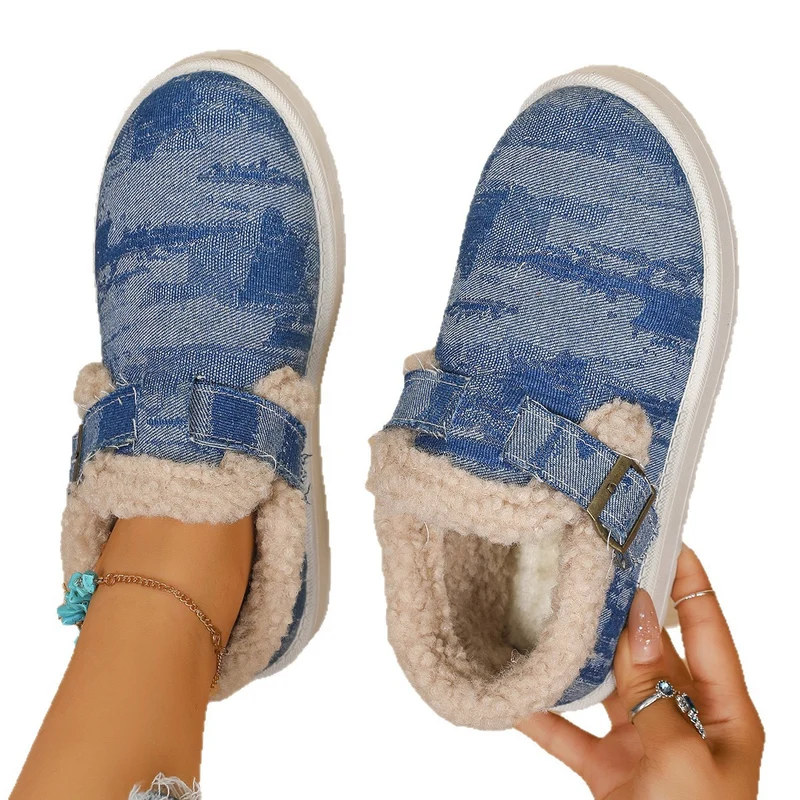 Damen Gefütterte Denim-Slip-On Hausschuhe mit Teddyfutter und verstellbarem Schnallenriemen Drune