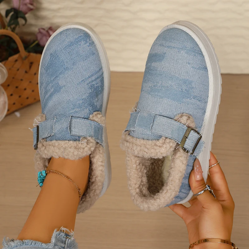 Damen Gefütterte Denim-Slip-On Hausschuhe mit Teddyfutter und verstellbarem Schnallenriemen Drune