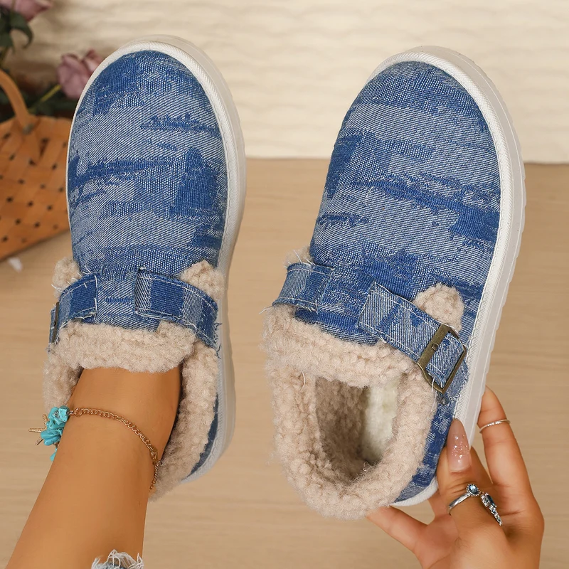 Damen Gefütterte Denim-Slip-On Hausschuhe mit Teddyfutter und verstellbarem Schnallenriemen Drune