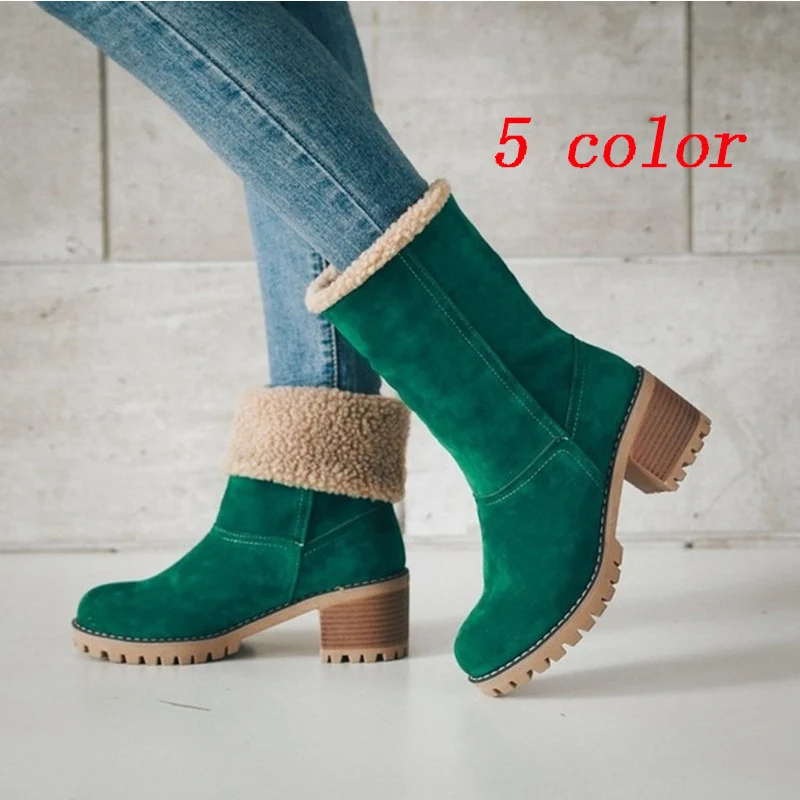Damen Gefütterte Ankleboots aus Veloursimitat mit Umschlag‑Sherpa, Blockabsatz und profilierter Lug‑Sohle Drune