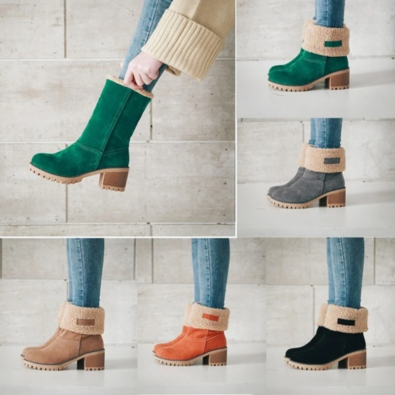 Damen Gefütterte Ankleboots aus Veloursimitat mit Umschlag‑Sherpa, Blockabsatz und profilierter Lug‑Sohle Drune