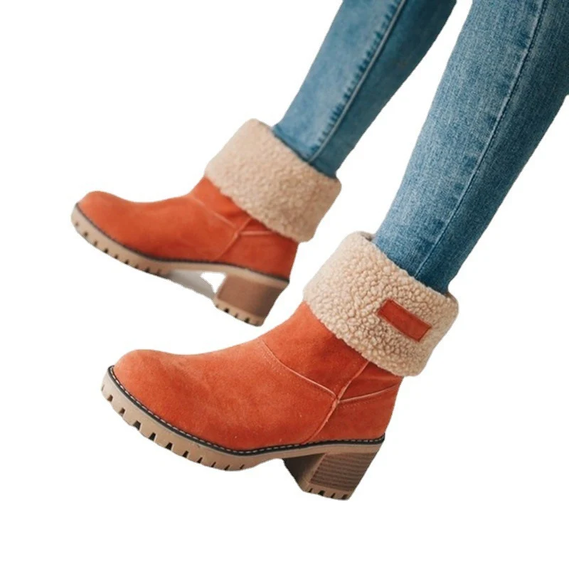 Damen Gefütterte Ankleboots aus Veloursimitat mit Umschlag‑Sherpa, Blockabsatz und profilierter Lug‑Sohle Drune