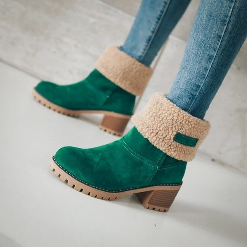 Damen Gefütterte Ankleboots aus Veloursimitat mit Umschlag‑Sherpa, Blockabsatz und profilierter Lug‑Sohle Drune