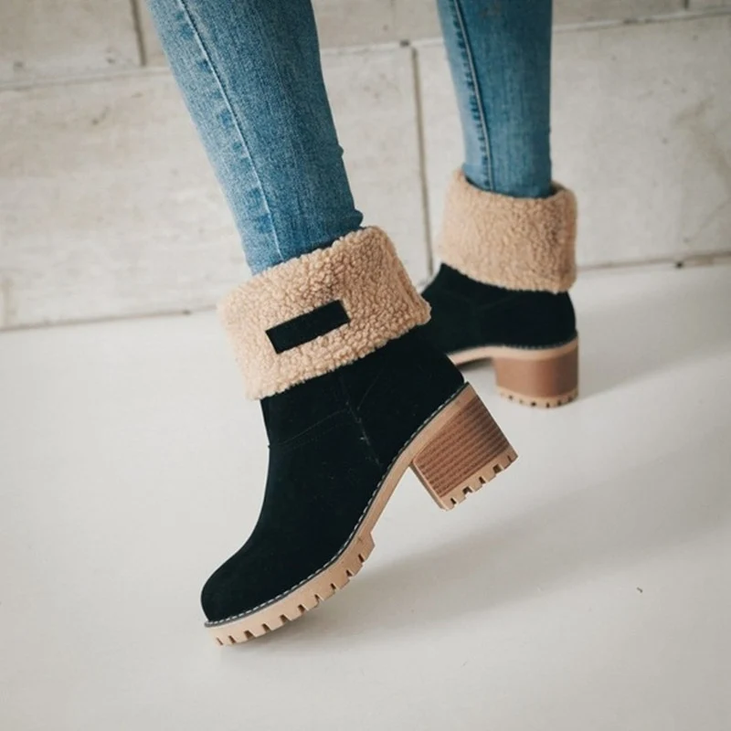 Damen Gefütterte Ankleboots aus Veloursimitat mit Umschlag‑Sherpa, Blockabsatz und profilierter Lug‑Sohle Drune