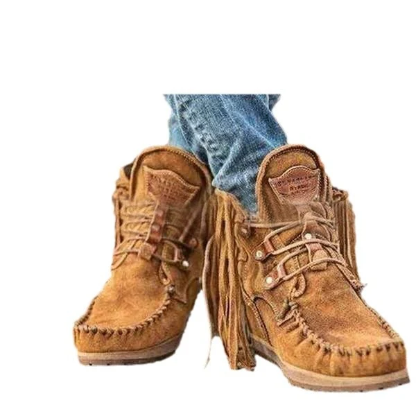 Damen Fransen‑Mokassin‑Ankleboots aus Veloursleder mit handgenähter Kettelnaht, Schnürung und profilierter Gummisohle Drune