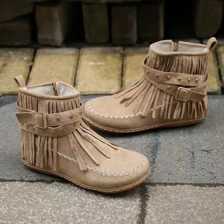 Damen Fransen-Boots im Mokassinstil mit Ziernähten, Schnallenriemen und seitlichem Reißverschluss Drune