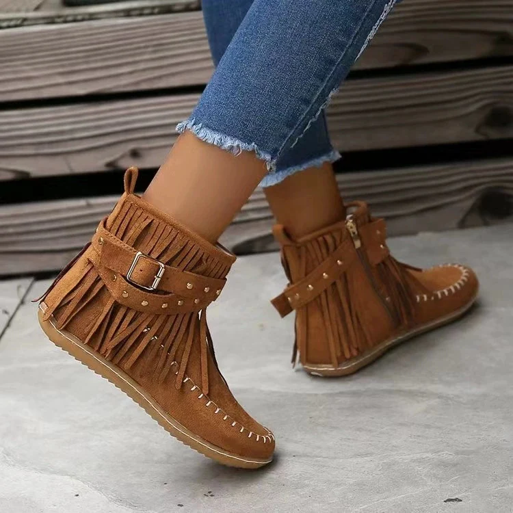 Damen Fransen-Boots im Mokassinstil mit Ziernähten, Schnallenriemen und seitlichem Reißverschluss Drune