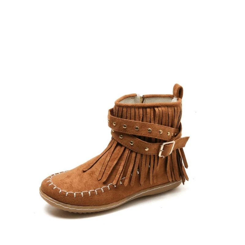 Damen Fransen-Boots im Mokassinstil mit Ziernähten, Schnallenriemen und seitlichem Reißverschluss Drune