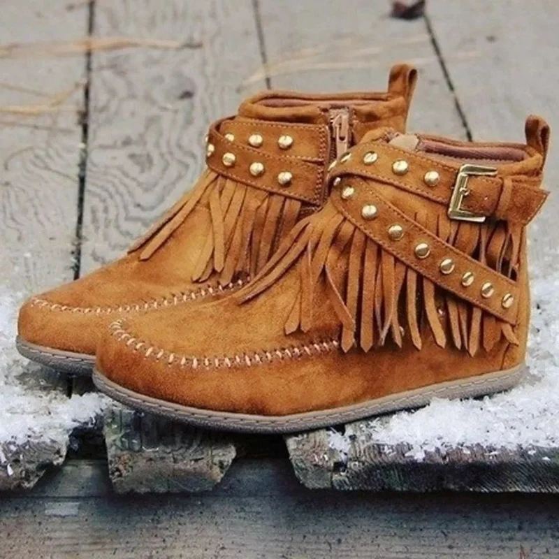 Damen Fransen-Ankleboots im Mokassinstil mit Ziernaht, Schnallenriemen und weicher Gummisohle Drune