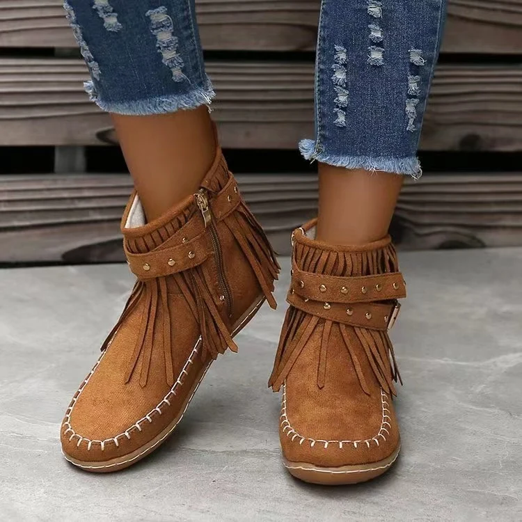 Damen Fransen-Ankleboots im Mokassinstil mit Ziernaht, Schnallenriemen und weicher Gummisohle Drune