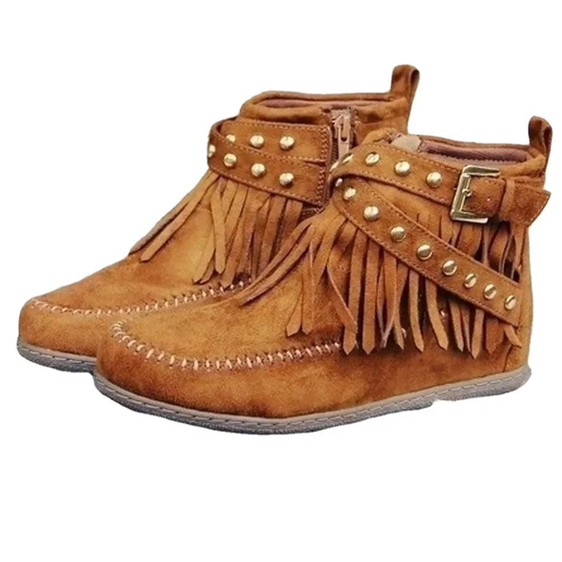 Damen Fransen-Ankleboots im Mokassinstil mit Ziernaht, Schnallenriemen und weicher Gummisohle Drune
