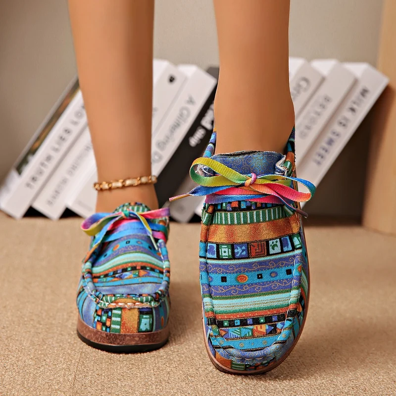 Damen Ethno‑Mokassin‑Sneaker mit bunter Stickerei und Kork‑Optik Drune