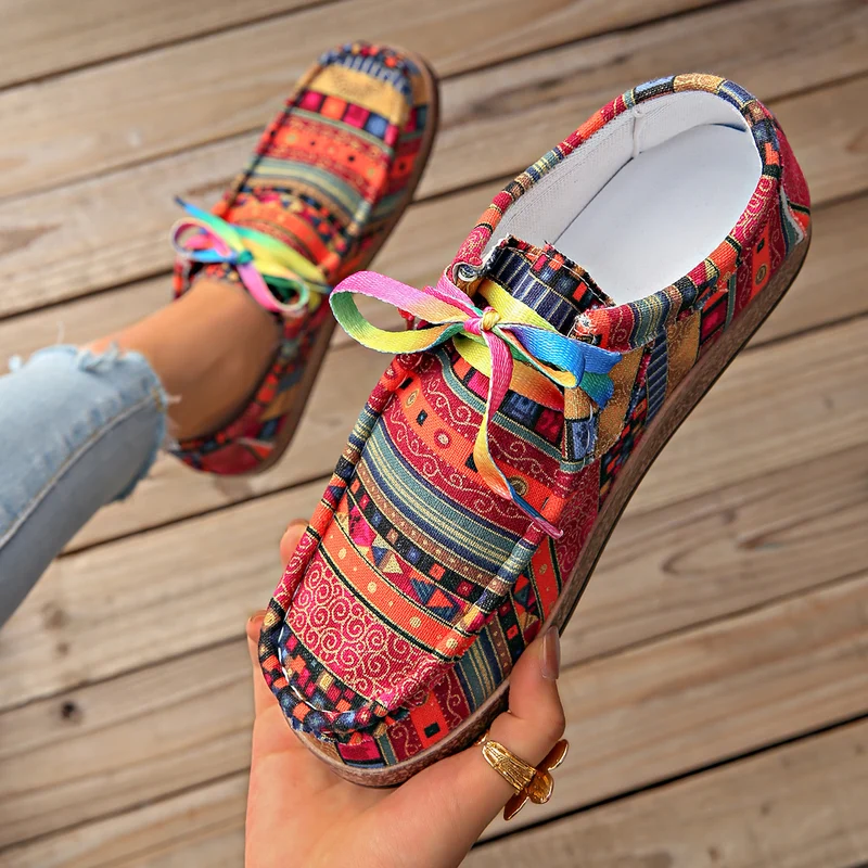 Damen Ethno‑Mokassin‑Sneaker mit bunter Stickerei und Kork‑Optik Drune