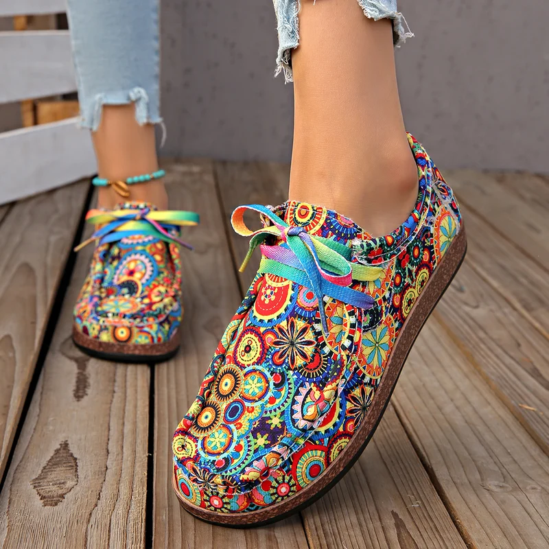Damen Ethno‑Mokassin‑Sneaker mit bunter Stickerei und Kork‑Optik Drune