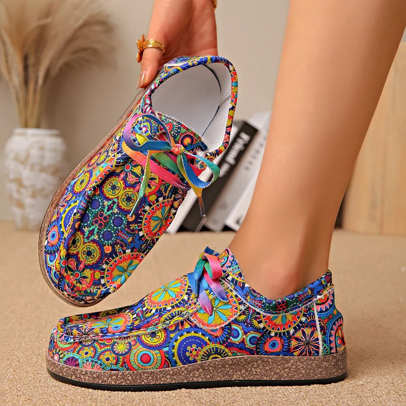 Damen Ethno‑Mokassin‑Sneaker mit bunter Stickerei und Kork‑Optik Drune