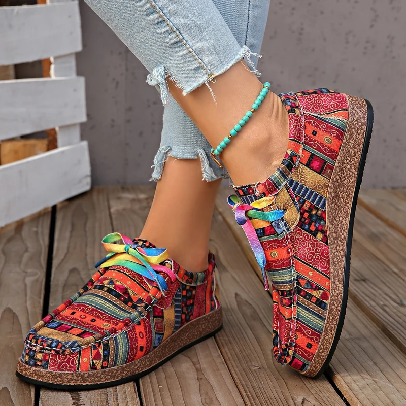 Damen Ethno‑Mokassin‑Sneaker mit bunter Stickerei und Kork‑Optik Drune