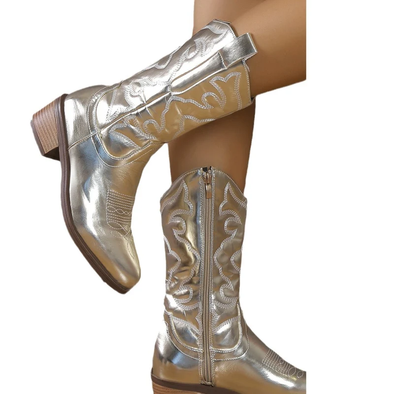 Damen Cowboystiefel mit glänzender Oberfläche, spitzer Zehenform und seitlichem Reißverschluss Drune