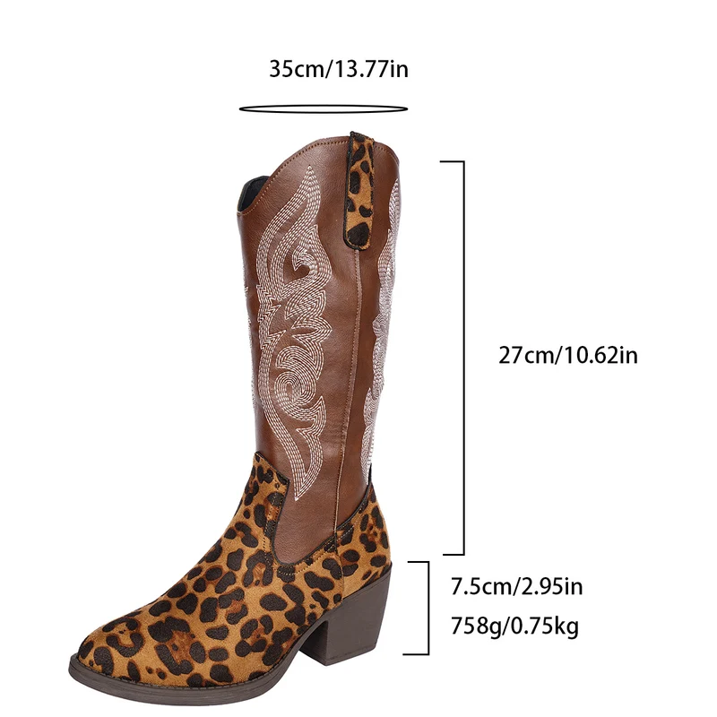 Damen Cowboystiefel im Western‑Look mit Leopardenmuster, besticktem Schaft und konischem Blockabsatz Drune