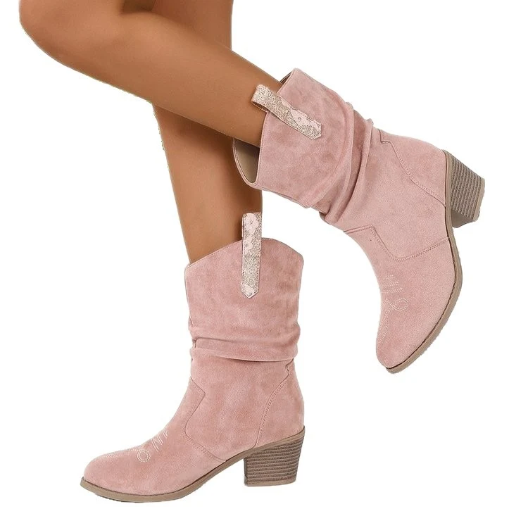 Damen Cowboy-Stiefeletten mit mittlerem Blockabsatz und gerafftem Schaft Drune