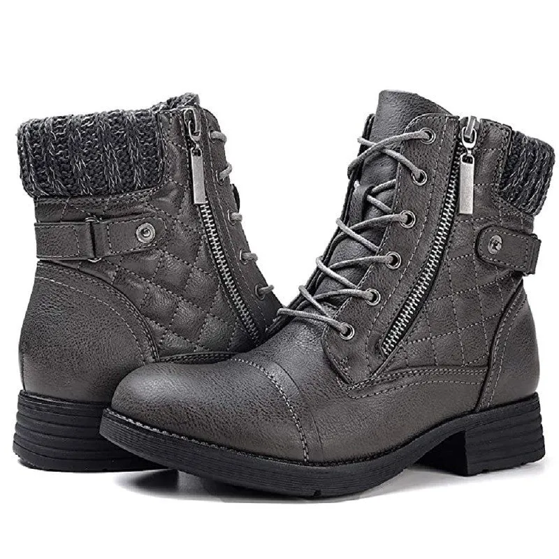 Damen Combat-Boots mit gesteppter Knöchelmanschette, Strickkragen und seitlichem Reißverschluss Drune