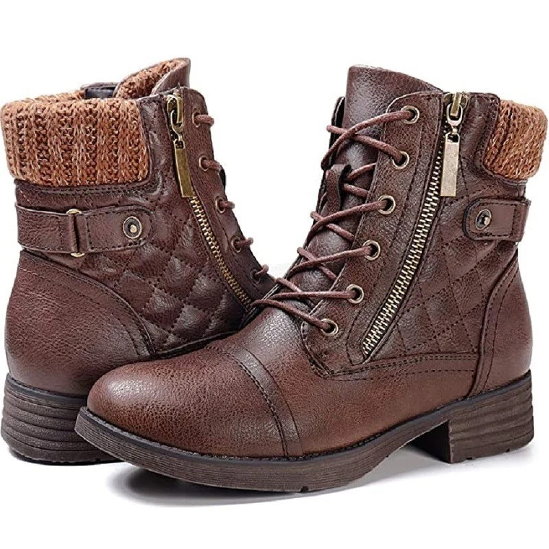 Damen Combat-Boots mit gesteppter Knöchelmanschette, Strickkragen und seitlichem Reißverschluss Drune