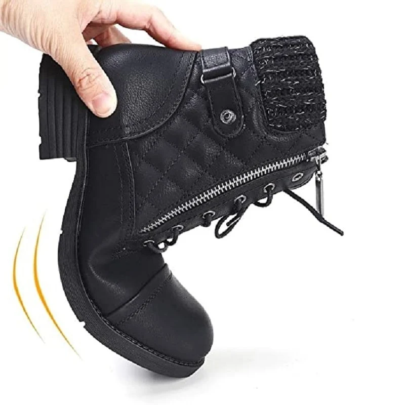 Damen Combat-Boots mit gesteppter Knöchelmanschette, Strickkragen und seitlichem Reißverschluss Drune
